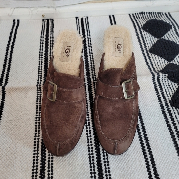 UGG Isabella Brown Suede Leather Shearling Buckle Clog Block Heels, sz 7 - Picture 3 of 10